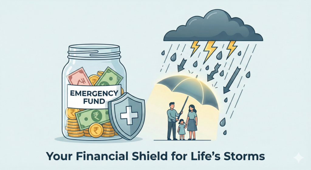 Illustration explaining what is an emergency fund: A money jar acting as a shield against a rainstorm