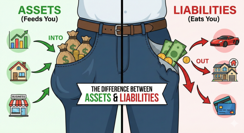 Illustration showing the difference between assets and liabilities: Assets putting money into a pocket versus liabilities taking money out