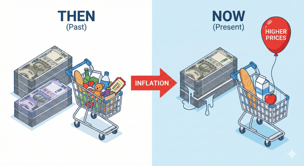 Illustration explaining what is inflation: A comparison showing a stack of rupees buying a full grocery cart in the past versus an empty cart today.