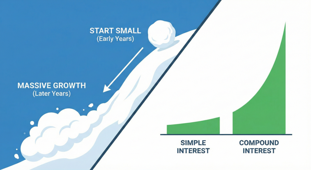 Illustration explaining what is compound interest: A snowball rolling downhill representing growth, alongside a graph showing the exponential rise of money compared to simple interest.