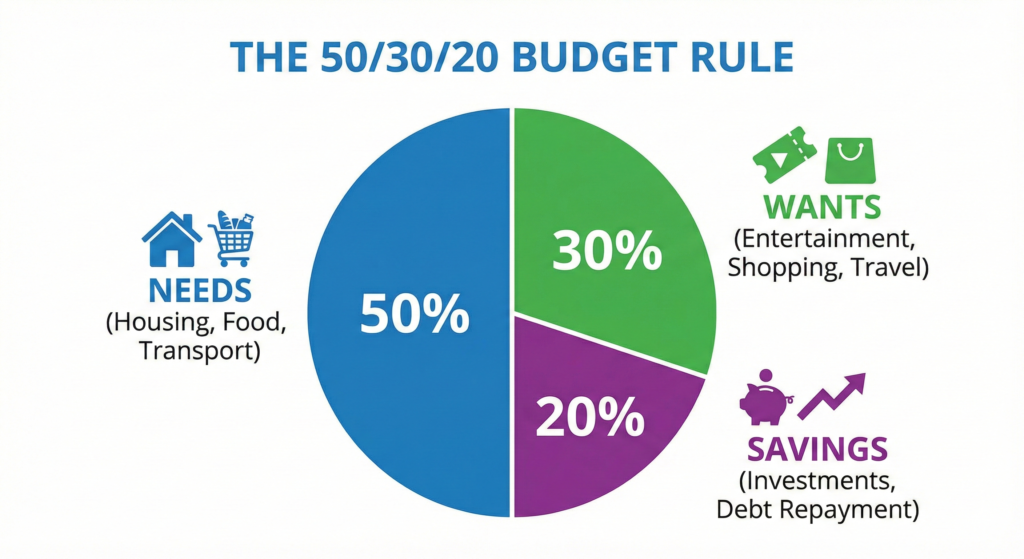 Pie chart illustrating the 50 30 20 rule with Needs, Wants, and Savings sections